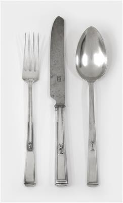 Josef Maria Olbrich, 18-piece cutlery service: six table forks, six table knives and six table spoons, model no. 2000, designed in 1901, executed by Schroeder, C. B., Alfenidewaren-Fabrik, Düsseldorf - Secese a umění 20. století