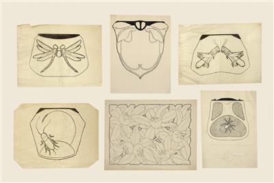 Karl Robert Rädler (1881-1940), sechs Entwürfe für Handtaschen und Lederarbeiten, Wiener Kunstgewerbeschule, 1911, für Firma Merinksy - Jugendstil und Kunsthandwerk des 20. Jahrhunderts