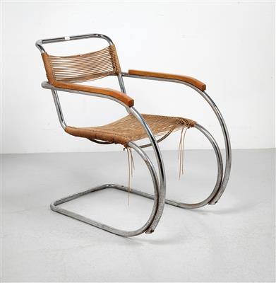 Ludwig Mies van der Rohe, a cantilever chair with armrests, model: "MR40", designed c. 1928/32, early execution by Bamberger Metallwerkstätten, Berlin - Jugendstil e arte applicata del XX secolo