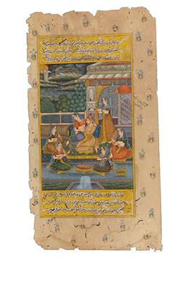 Indien: Eine indo-persische Miniaturmalerei 'Maharadscha mit Frauen im Garten', 18./19. Jh., Rajasthan-Stil. - Antiquitäten