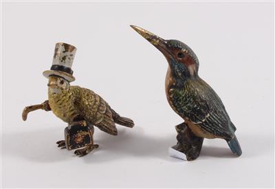 Eisvogel, Vogel mit Zylinder Schirm und Tasche, - Antiquitäten
