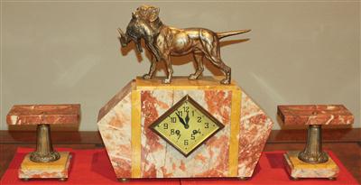 Art deco Marmor Kamingarnitur"Jagdhund mit Hase" - Antiquariato