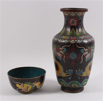 Cloisonné Vase, 1 Schale, - Antiques