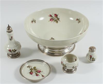 Rosenthal Porzellan Serviceteile mit Silbermontierung, - Antiques
