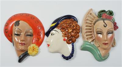 3 Wandmasken Frauenköpfe, Annie Seidl-Heck sowie Moorland Staffordshire Chelsea Works, - Antiquitäten