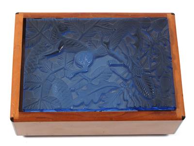Holz Deckeldose mit blauem Glasdeckel, - Antiquariato