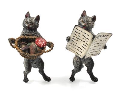 Katze mit Zeitung, Katze mit Korb voller Pilze, - Antiques