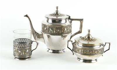 Argentor Teekanne, Zuckerdose, 6 Teegläser, - Antiquitäten