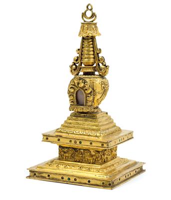 Feuervergoldete Stupa aus Bronze, tibeto-chinesisch, 18./19. Jh. - Asiatika