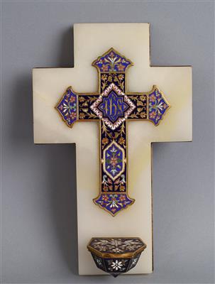 Cloisonné Kruzifix mit Weihwasserbehälter, - Antiquariato