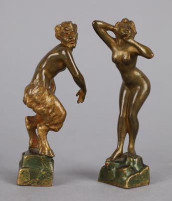 Erotische Figurengruppe: weiblicher Akt und Satyr aus Bronze, in der Art von F. X. Bergmann, Entwurf: um 1900 - Antiquariato