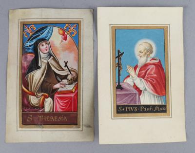2 Pergamentbilder mit dem Hl. Papst Pius und der Hl. Theresa, Mitte 19. Jh. - Antiquariato