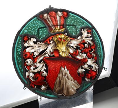 Kleines verbleites Glasbild mit Wappen und Helmzier, - Antiquariato