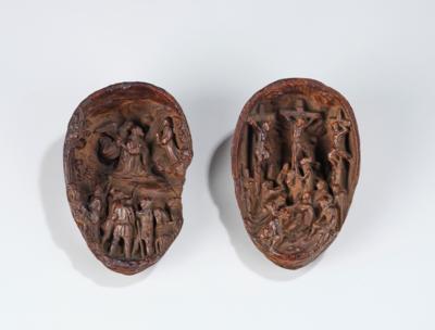 Miniatur Schnitzerei mit Darstellungen Christus am Ölberg und Kreuzigung, - Starožitnosti