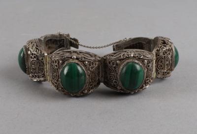 Gliederarmband aus Silber mit Malachitbesatz, China, 20. Jahrhundert - Antiquitäten