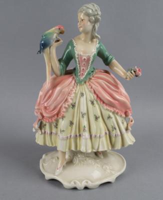 Dame mit Papagei in Rokokokostüm, Porzellanfabrik Karl Ens, Rudolstadt, Volkstedt - Antiquitäten