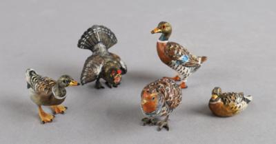 Wiener Bronzen- 3 Enten, Wachtel und Auerhahn, - Antiquariato