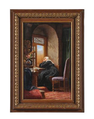 Porzellanbild "Gruß aus der Welt" nach Gustav Adolf Kunz (1843-1879), signiert Albert Scherf (1876-1953) - Antiquariato