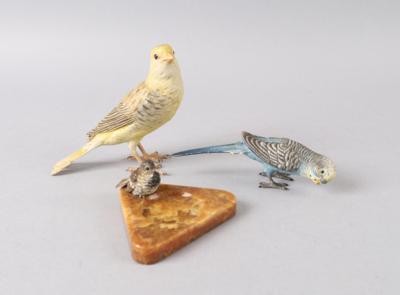 3 Wiener Bronzen-Kanarienvogel, Wellensittich und Spatz, - Antiquitäten