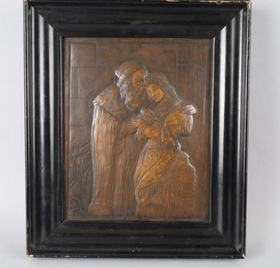 Kupferbild mit älterem Mann mit Schlüssel und einer Dame, signiert Heks, 1924 - Antiquitäten