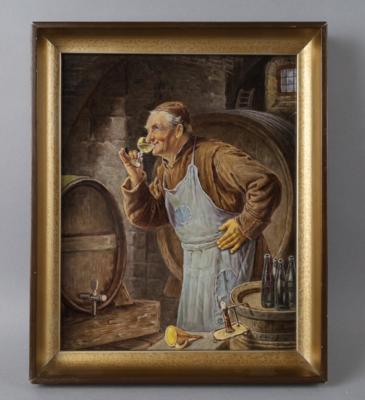 Porzellanbild "Die Weinprobe" nach Eduard Grützner, signiert Louis Scherf - Antiquariato