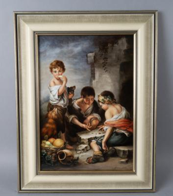 Porzellanbild "Bettelbuben beim Würfeln" nach Bartolome Esteban Murillo, signiert Gerhard Nußmann 20. Jh. - Antiquariato