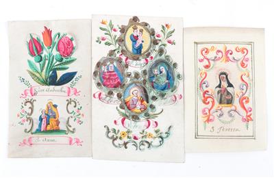 Three parchment images of saints, - Clocks, Asian Art, Metalwork, Faience, Folk Art, Sculpture