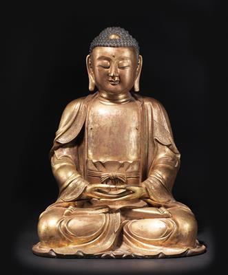 Feuervergoldete Bronzefigur des Buddha Amithaba, China, Ming Dynastie - Uhren, Metallarbeiten, Asiatika, Fayencen, Skulpturen, Volkskunst