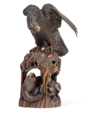 An okimono of an eagle with monkeys, Japan, late 19th cent., signed Jigaku - Clocks, Asian Art, Metalwork, Faience, Folk Art, Sculpture