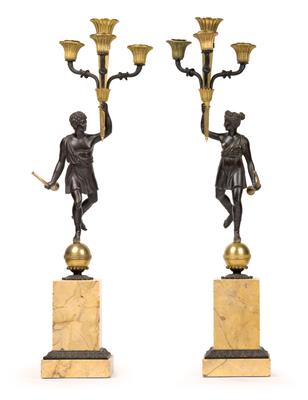 A pair of three-light girandoles, - Clocks, Asian Art, Metalwork, Faience, Folk Art, Sculpture