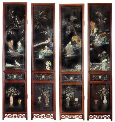 Two four-part folding screens, - Clocks, Asian Art, Metalwork, Faience, Folk Art, Sculpture