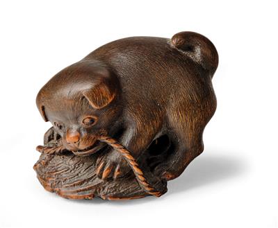 A Netsuke of a Puppy with Awabi Shell, Japan, 19th Century, Signed Masanao, - Antiquariato - Parte 1
