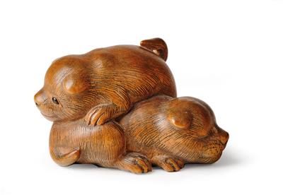 A Netsuke of Two Puppies, Japan, Edo Period, Mid-19th Century, Signed Ransen, - Works of Art - Part 1