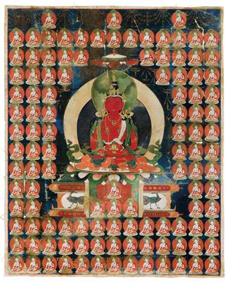 Thangka des Amitayus mit weißen Taras, Tibet, 18. Jh. - Asiatische Kunst