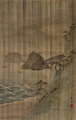 Hiroshige (1797-1858) - From a Hanging Scroll: Churning Waves Before Rocks with Pine Trees, - Arte Asiatica