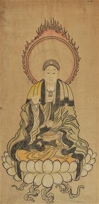 Japan, Meiji/Taisho - Hanging Scroll, Portrait of a Buddha with Aureole on a Lotus Throne, - Arte Asiatica