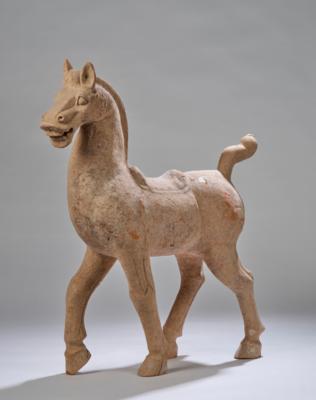 Tänzelndes Pferd mit Sattel, China, Han Dynastie (206 v. Chr.-220 n. Chr.), - Arte Asiatica