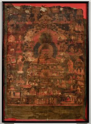 Thangka des Buddha Shakyamuni, umgeben von den 16 Arhats, Tibet, ca. 19. Jh., - Asiatische Kunst