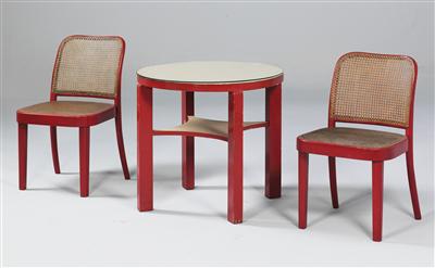 A group of a circular table and two chairs, - Design
