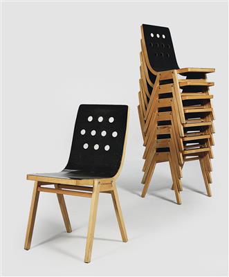 A set of eight stacking chairs (Model No. 3–4–3), - Design