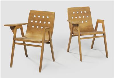 Coppia di sedie a braccioli con suppoto per scrivere, - Design