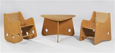A rare group of a couch table, an armchair, and a rocking chair, - Design