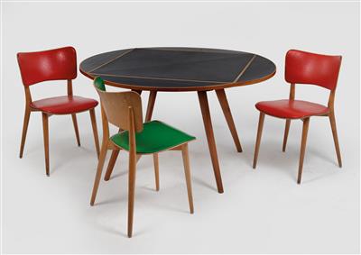 "Quadratrundtisch"-Esstisch und drei Stühle Mod. 477 ("Kreuzzargen"-Stuhl), Entwurf Max Bill, - Design
