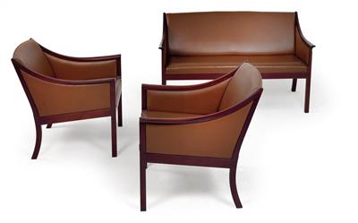Gruppe aus einem Sofa und zwei Armsesseln Mod. 691, Entwurf Ole Wanscher, - Design