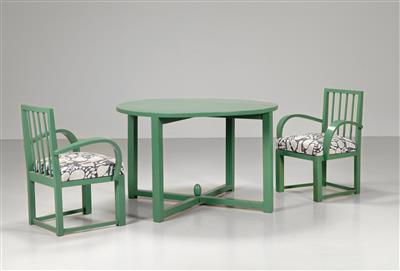 A suite comprising a table, six armchairs, and a side table, - Design