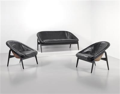 Gruppe aus einer "Columbus"Sitzbank und zwei Armsesseln Mod. 118, Entwurf Hartmut Lohmeyer, - Design