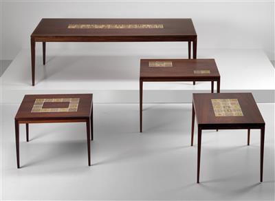 Coffee table and three side tables with porcelain tiles, designed by Bjørn Wiinblad, - Design