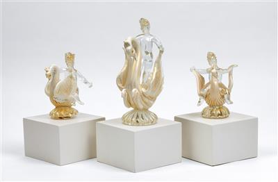 Three glass figures on wooden pedestals, - Design