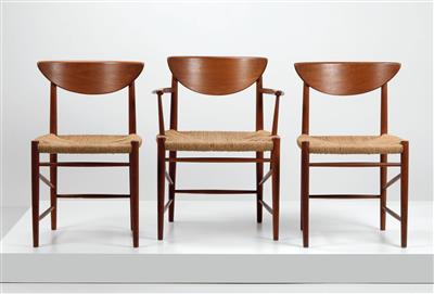 Ein Armlehnstuhl Mod. 317 und zwei Stühle Mod. 316, Entwurf Peter Hvidt und Orla Molgaard-Nielsen, - Design