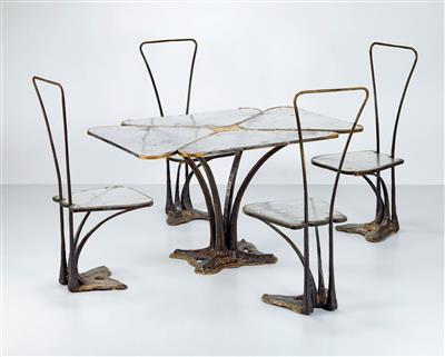A group of an organically moulded table and four chairs, designed and manufactured by Lothar Klute, - Design